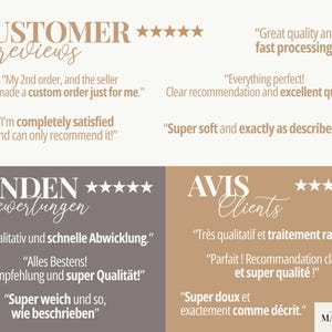 May include: A graphic with customer reviews in English, German, and French. The reviews are displayed with star ratings and positive comments about product quality and service.