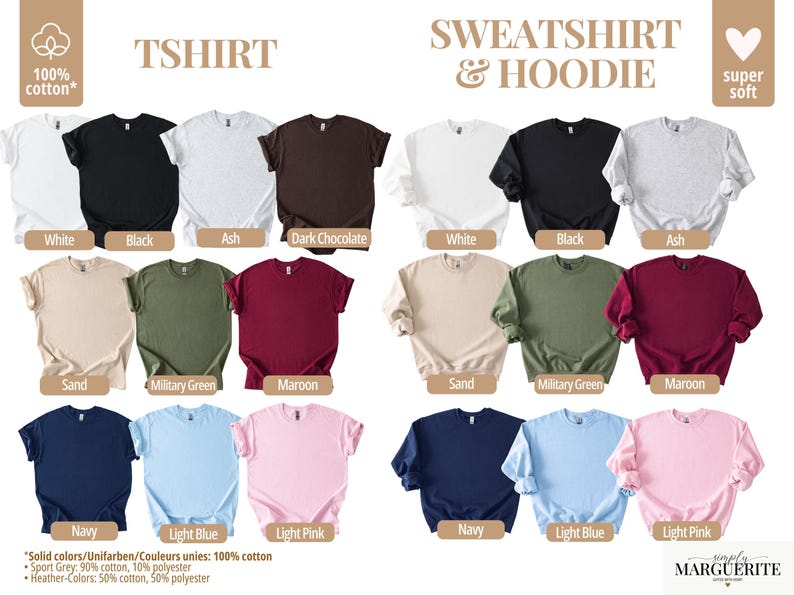 May include: A display of t-shirts and sweatshirts/hoodies in various colors, including white, black, ash, dark chocolate, sand, military green, maroon, navy, light blue, and light pink. The text "TSHIRT" and "SWEATSHIRT & HOODIE" are visible.