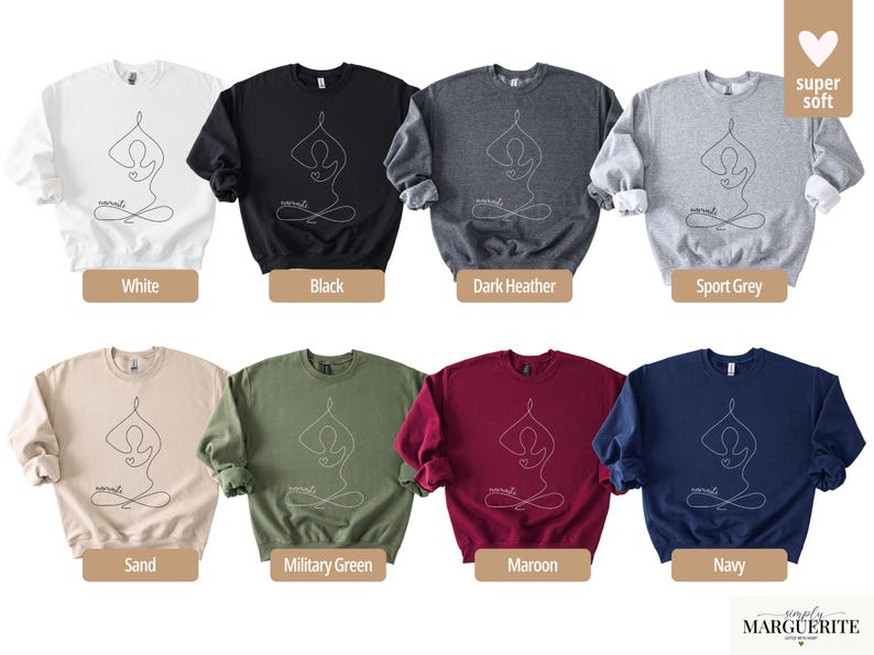 May include: A collection of eight crewneck sweatshirts in various colors, including white, black, and navy. Each sweatshirt features a minimalist yoga pose design in white and the word "namaste". The sweatshirts are labeled with their respective colors.