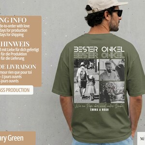 May include: Military green t-shirt with a photo collage on the back. The shirt features the text "BESTER ONKEL" and a black and white photo collage. The shirt is made of a soft material.