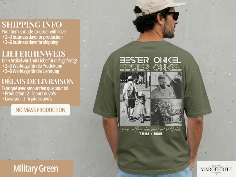 May include: Military green t-shirt with a photo collage on the back. The shirt features the text "BESTER ONKEL" and a black and white photo collage. The shirt is made of a soft material.