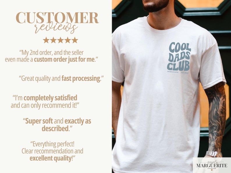 May include: White t-shirt with a light blue "Cool Dads Club" graphic on the chest. The shirt also features the text "Born & Lunch" and "Est. 2022". The image includes customer reviews.