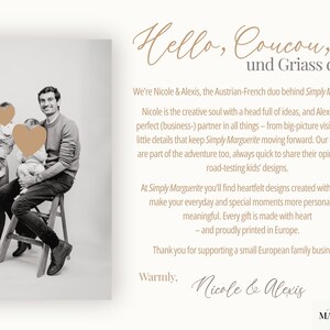 May include: A black and white photograph of a family of four, with two children's faces obscured by tan heart shapes. The text reads: Hello, Coucou, und Griass di. We're Nicole & Alexis, the Austrian-French duo behind Simply Marguerite.
