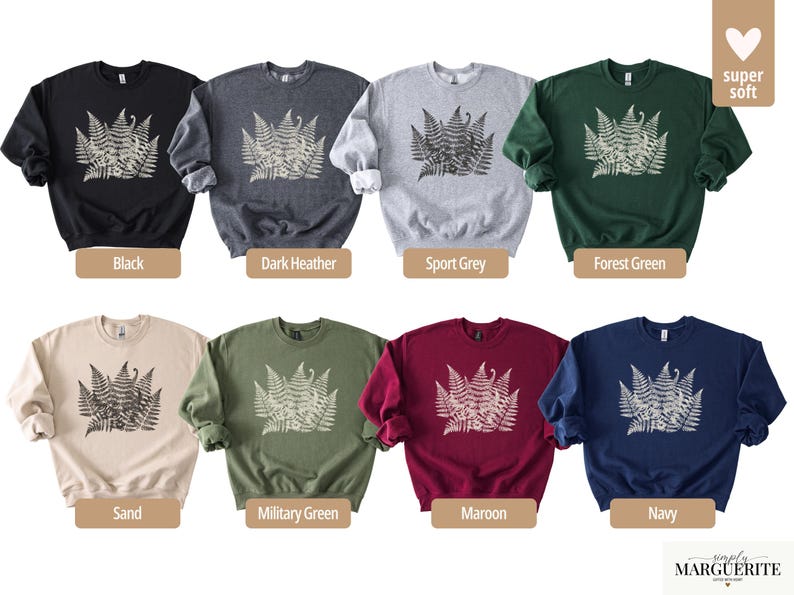 Puede incluir: Una colecci&oacute;n de sudaderas de cuello redondo en varios colores, incluyendo negro, gris oscuro, gris deportivo, verde bosque, arena, verde militar, granate y azul marino. Cada sudadera presenta un dise&ntilde;o de helecho.