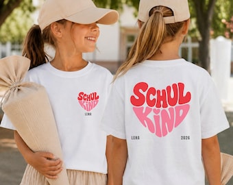 Schulkind Shirt Mädchen 2026 mit Herz, personalisiert mit Name – Einschulung Geschenk Erstklässlerin T-Shirt erster Schultag Mädchen
