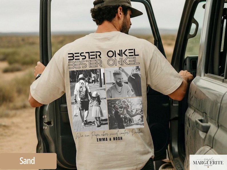 May include: A sand-colored t-shirt with the words "BESTER ONKEL" printed on the back, along with a collage of black and white photos. The shirt also features text in German and the names "EMMA & NOAH".