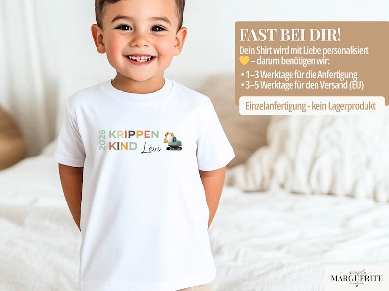 May include: A white short-sleeved t-shirt featuring a graphic print with the text 2026 KRIPPEN KIND and the name Levi in cursive script, accompanied by a small illustration of a green and yellow construction excavator vehicle.