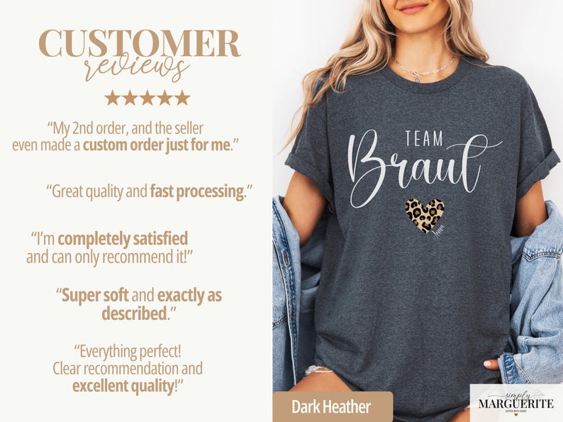 Pu&ograve; includere: T-shirt grigio scuro con la scritta "TEAM Braut" in corsivo bianco e un cuore con stampa leopardata. La maglietta ha un girocollo e maniche arrotolate. La maglietta fa parte della collezione Simply Marguerite.
