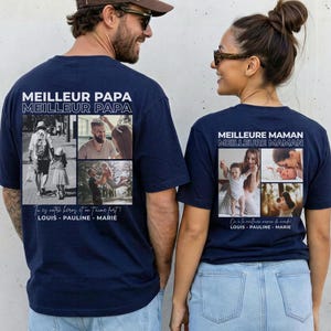 K&ouml;nnte beinhalten: Marineblaue T-Shirts mit individuellen Fotocollagen und Text. Ein Shirt tr&auml;gt die Aufschrift "MEILLEUR PAPA" und das andere "MEILLEURE MAMAN" in wei&szlig;er Schrift. Jedes Shirt hat eine Collage von Familienfotos und Namen.