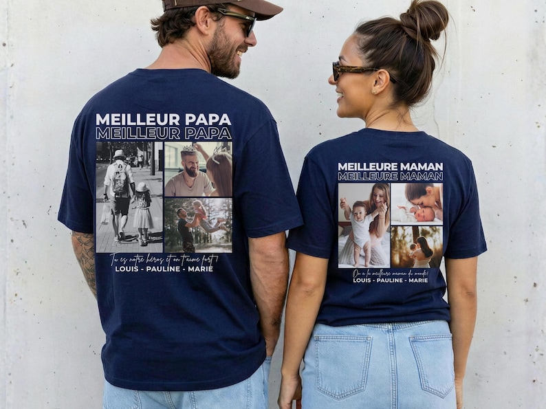 K&ouml;nnte beinhalten: Marineblaue T-Shirts mit individuellen Fotocollagen und Text. Ein Shirt tr&auml;gt die Aufschrift "MEILLEUR PAPA" und das andere "MEILLEURE MAMAN" in wei&szlig;er Schrift. Jedes Shirt hat eine Collage von Familienfotos und Namen.