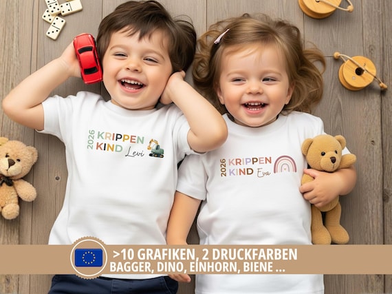 Personalisiertes Krippenkind T-Shirt mit Name & Wunschmotiv, Kinderkrippe Shirt, Geschenk Kita Start Eingewöhnung, Krippenstart 2026