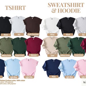 May include: A variety of t-shirts and sweatshirts/hoodies in various colors, including white, black, ash, dark chocolate, sand, military green, forest green, maroon, navy, light blue, and light pink. The text on the image says "100% cotton" and "super soft".