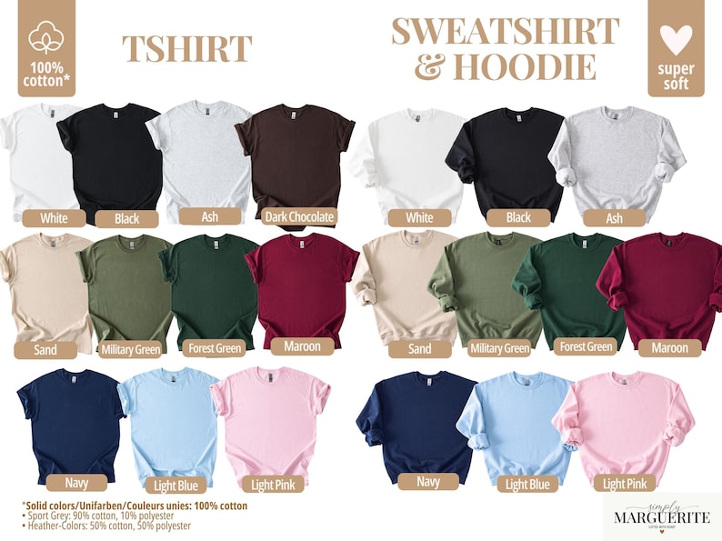 May include: A variety of t-shirts and sweatshirts/hoodies in various colors, including white, black, ash, dark chocolate, sand, military green, forest green, maroon, navy, light blue, and light pink. The text on the image says "100% cotton" and "super soft".