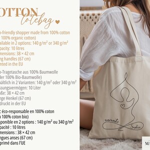 May include: Cream-colored cotton tote bag with a black line drawing of a yoga pose and the words "namaste Sophie." The bag has long handles and dimensions of 15 x 16.5 inches. The text "COTTON totebag" is at the top.