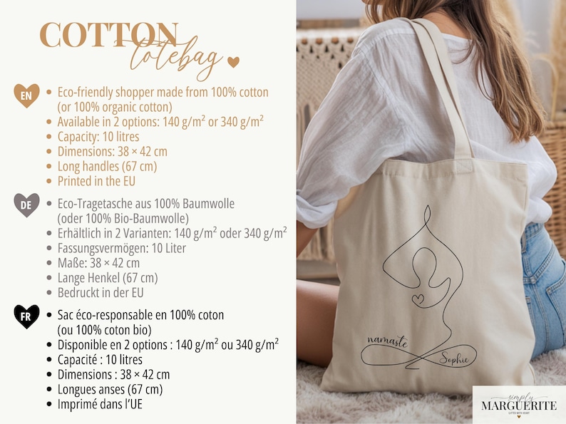 May include: Cream-colored cotton tote bag with a black line drawing of a yoga pose and the words "namaste Sophie." The bag has long handles and dimensions of 15 x 16.5 inches. The text "COTTON totebag" is at the top.