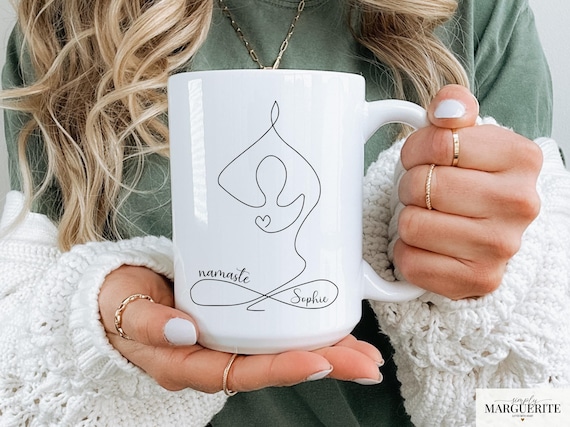 Yoga Mug Gift for Yoga Lover, Personalized Mindfulness Line Art Coffee Mug, Namaste Ceramic Mug, Yoga Instructor Gift