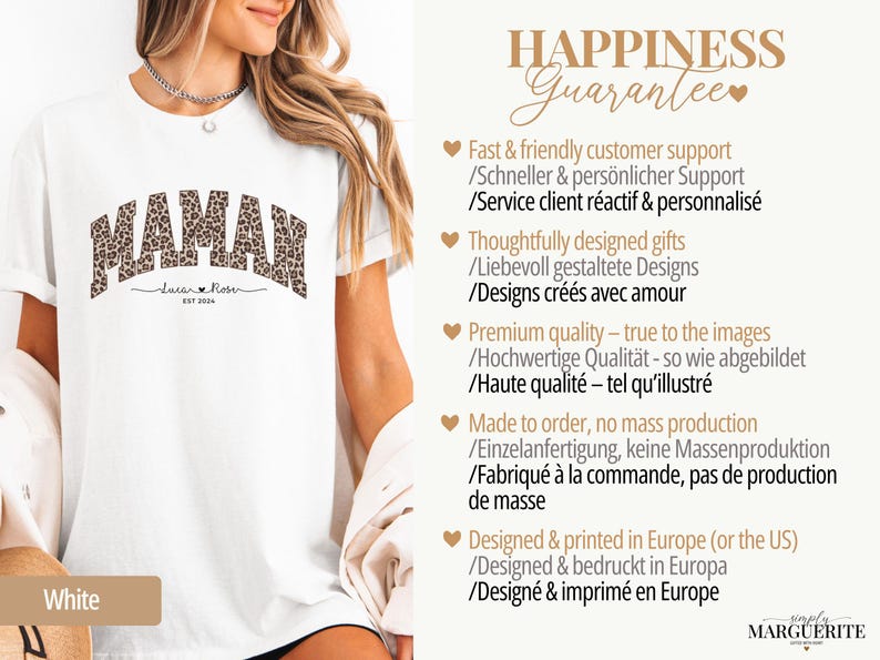 Op de afbeelding: Wit T-shirt met het woord "MAMAN" in een luipaardprint. Onder het woord "MAMAN" staat de tekst "Luca & Rose EST 2024". Het shirt maakt deel uit van een kledingcollectie.