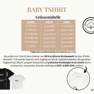 May include: A baby t-shirt size chart featuring a table with age ranges from 0-3 months to 2-3 years, listing widths and lengths in centimeters and inches. Includes a 100% organic cotton badge, a black and white t-shirt graphic, and a detail of shoulder snaps.