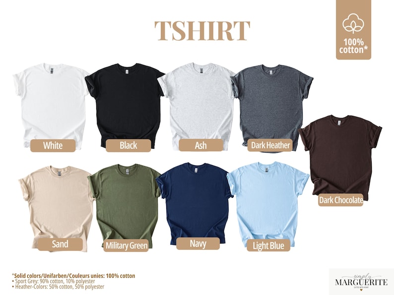May include: A selection of t-shirts in various colors, including white, black, ash, dark heather, dark chocolate, sand, military green, navy, and light blue. The shirts are made of 100% cotton, with some heather colors having a polyester blend.