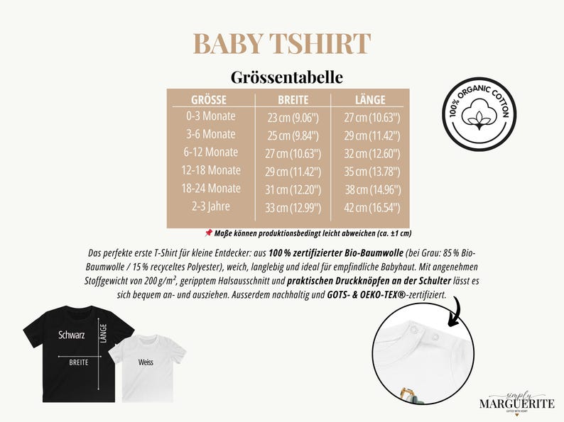 May include: A baby t-shirt size chart featuring a table with age ranges from 0-3 months to 2-3 years, listing widths and lengths in centimeters and inches. Includes a 100% organic cotton seal, a black and white t-shirt graphic, and a shoulder snap detail.