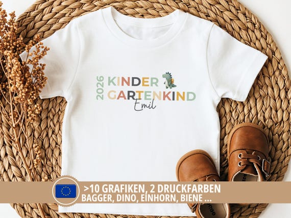 Personalisiertes Kindergartenkind Shirt Dino für Kindergartenstart, Geschenk für Start Kita, T-Shirt mit Namen Erster Kindergartentag