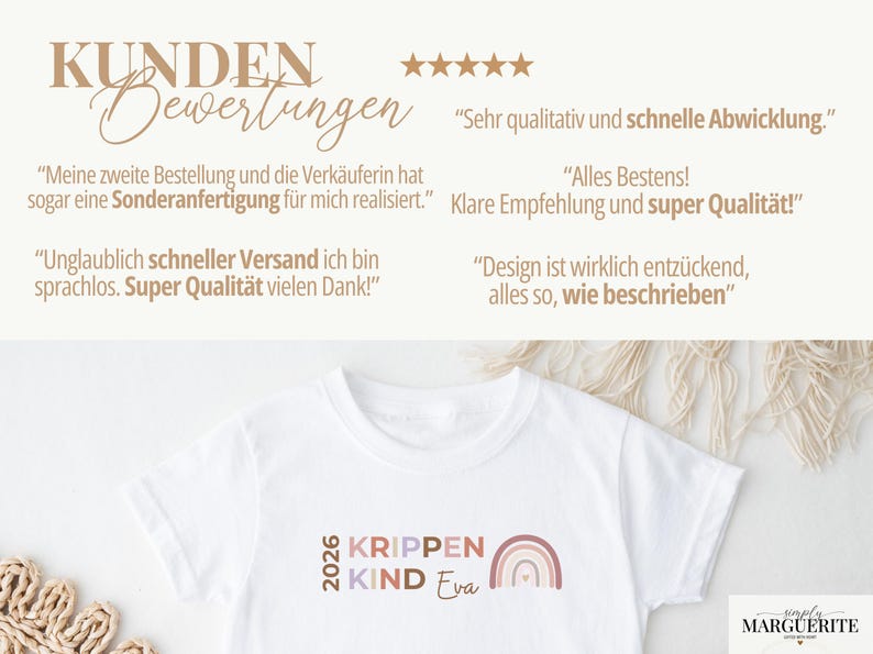 May include: A white t-shirt featuring the text 2026 KRIPPEN KIND Eva and a small rainbow graphic. The image includes German customer reviews with five stars, stating: Kunden Bewertungen, Sehr qualitativ und schnelle Abwicklung, Meine zweite Bestellung, Alles Bestens, Klare Empfehlung, Unglaublich schneller Versand, Super Qualit&auml;t, Design ist wirklich entz&uuml;ckend, alles so wie beschrieben.
