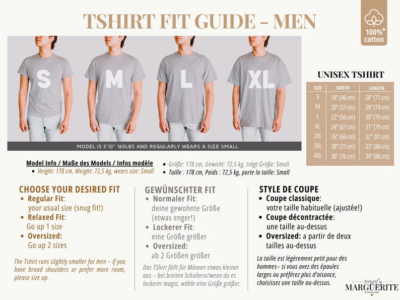 May include: A T-shirt fit guide for men, featuring models wearing gray t-shirts in sizes S, M, L, and XL. Includes a size chart with measurements in inches and centimeters, and fit style descriptions.