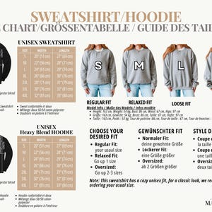 May include: A size chart for unisex sweatshirts and hoodies. The chart includes measurements in inches and centimeters for sizes S to 4XL. It also provides information on fit, including regular, relaxed, and loose options, with model measurements.