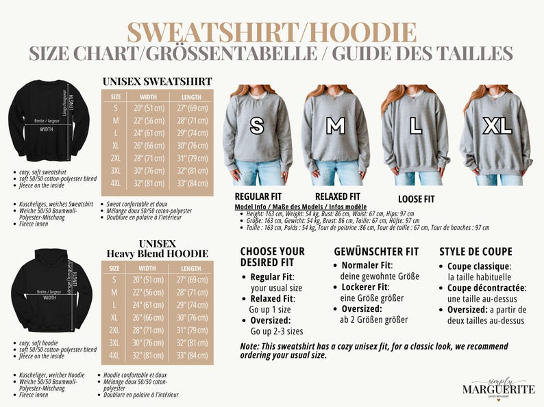 May include: A size chart for unisex sweatshirts and hoodies. The chart includes measurements in inches and centimeters for sizes S to 4XL. It also provides information on fit, including regular, relaxed, and loose options, with model measurements.