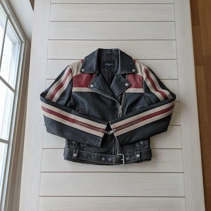Women&#39;s Lambskin Leather Racer Jacket - Black Moto with Red Stripes