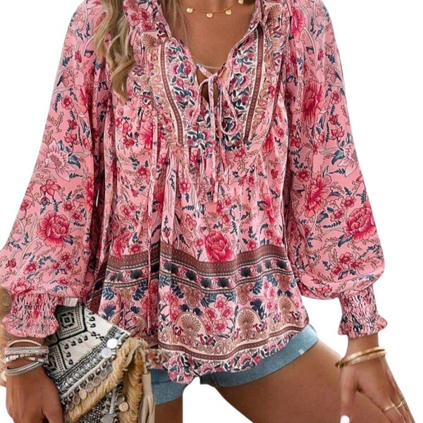 Bohemian (XXL) Top, Pink Flowy with V-neck, Long Sleeves and Ties.