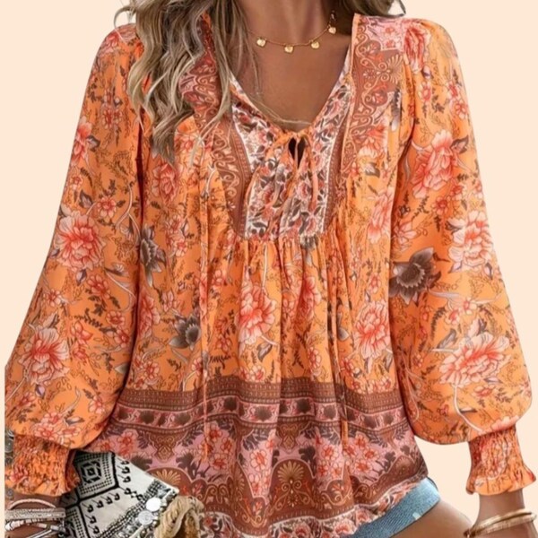 Casual (L) Hippie Style-Women's Boho Tangerine Orange Top, Long Sleeves With V-neck and Ties.