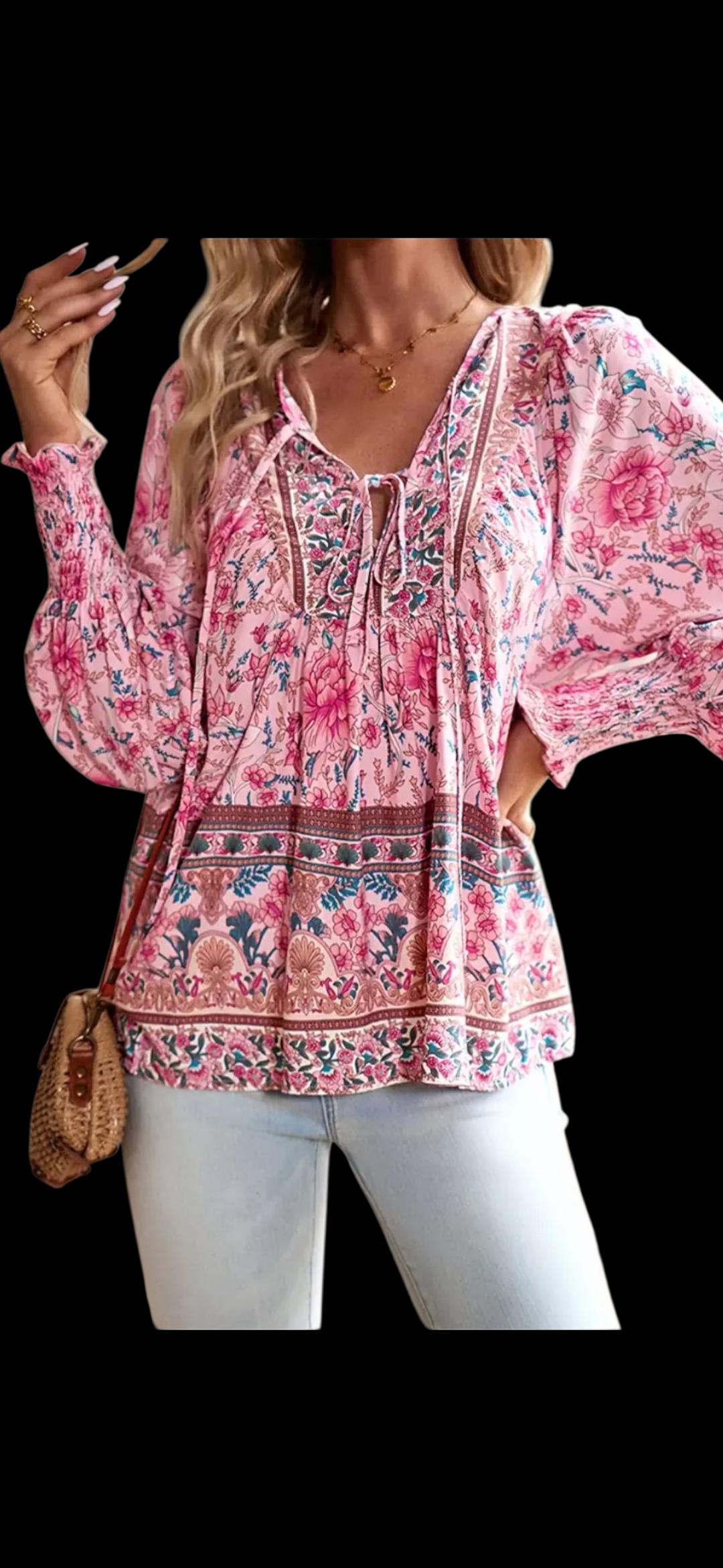Floral Print Boho Blouse: Women's Relaxed Fit Tunic (L)