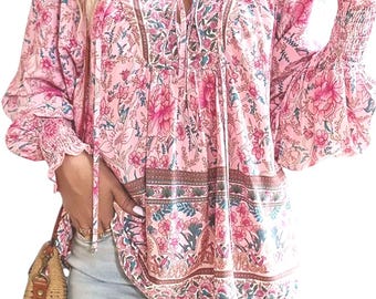 Bohemian (XXL) Women's Pink Babydoll Blouse, Flowy, Long Sleeves, V-neck and Ties.