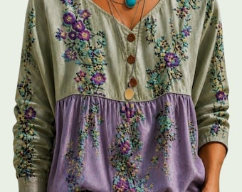 JUST ARRIVED  Boho (XXL) Floral Feminine Peasant Top/Lavender and Green