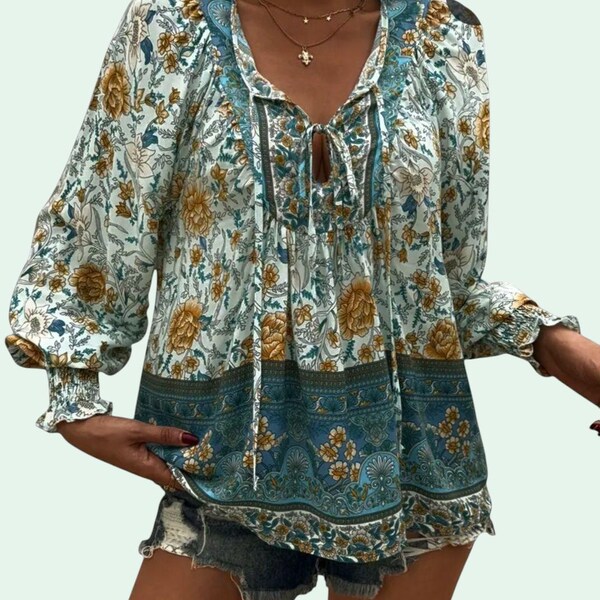 Boho (XL) Green Women's Blouse - Feminine Hippie Style Carefree Top