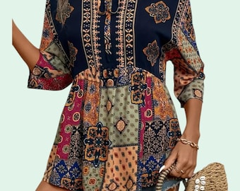 Bohemian (L) Long Casual Top with Ties and Crew neckline