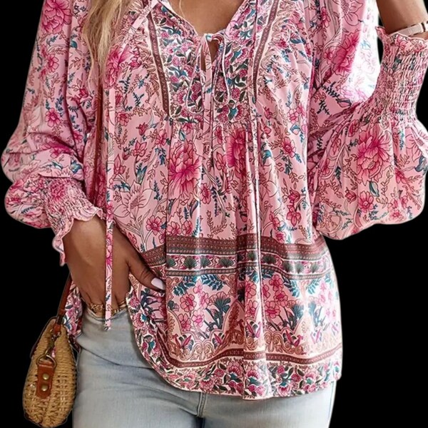 Bohemian L Pink Floral Print Blouse: Women's Relaxed Fit Tunic Top
