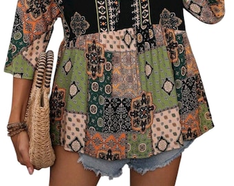 Bohemian (M) Patchwork Peplum Shirt with Ties and Round neckline