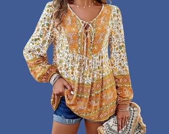 Women's Boho Top - Hippie Casual Free-Spirit - Long Sleeves, Flowy, V-neck With Ties - Size L
