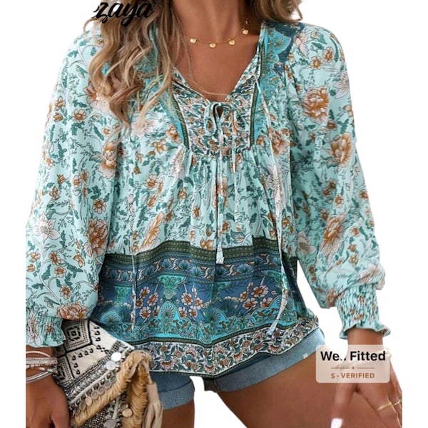 Bohemian Blue Blouse, 70's Hippie Style Top, Casual Loose Flowy Blouse - Size XXL