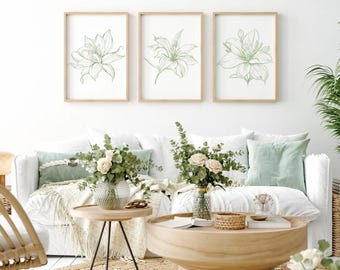 Sage Green Lily Line Art Print Set | Minimalist Floral Wall Decor | Digital Download