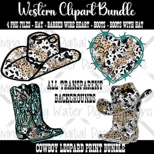Western Cowboy Leopard Cowhide Print Clipart PNG Bundle | Cowgirl Hat, Barbed Wire Heart, Cowboy Boots | Sublimation Digital Download | PNG