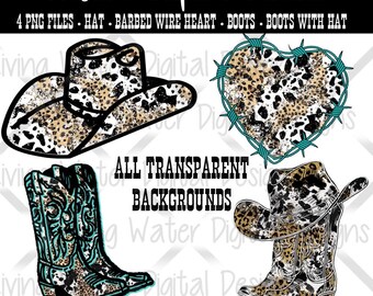 Western-clipart png-bundel met luipaardprint: cowboyhoed, laarzen, prikkeldraadhart (digitale download)