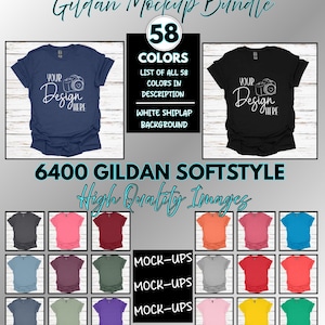 以下が含まれることがあります： ネイビーブルーとブラックのGildan Softstyle Tシャツのモックアップバンドル。シャツには「Your Design Here」の文字が表示され、白い羽目板の背景に配置されています。画像には58色のオプションも表示されています。