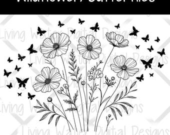 May include: Black and white line art illustration featuring wildflowers and butterflies. The image includes five large flowers, various sprigs, and numerous butterflies. Text at the top reads "Wildflower/Butterflies". The bottom of the image includes the text "SVG • PNG • JPEG".