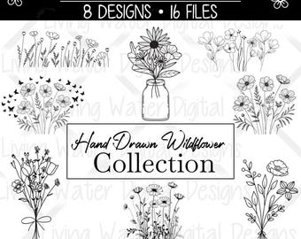 Hand Drawn Wildflower SVG Bundle | Wildflower Clipart PNG | Boho Floral Line Art Digital Download