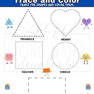 Può includere: Un foglio di lavoro bianco intitolato "Trace and Color" con linee tratteggiate per tracciare forme: triangolo, cuore, quadrato, cerchio e rettangolo. Include illustrazioni di cartoni animati ed etichette di forme.