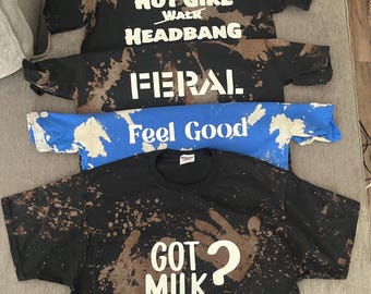 Glow in the dark printed t shirts (feral, headbang, feel good, got milk)