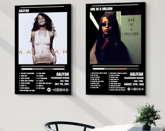 Póster digital de Aaliyah (juego de 2) - Póster &quot;One In A Million&quot; - Póster con la lista de canciones del álbum R&B - Impresiones digitales - Fondo de pantalla - DESCARGA INSTANTÁNEA